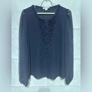 Pendleton Ruffled Blouse Sz 6 Long Puff Sheer Sleeve Navy Button Down 100% Silk